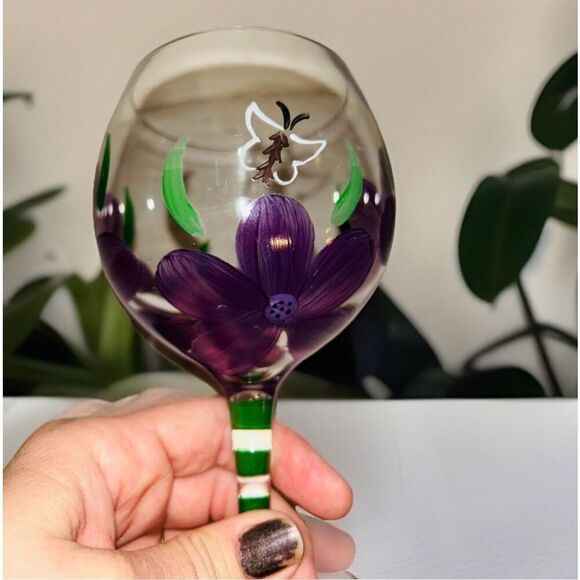 Hand-Painted Purple Flower Butterfly Wine Glass Set - Picture 3 of 4